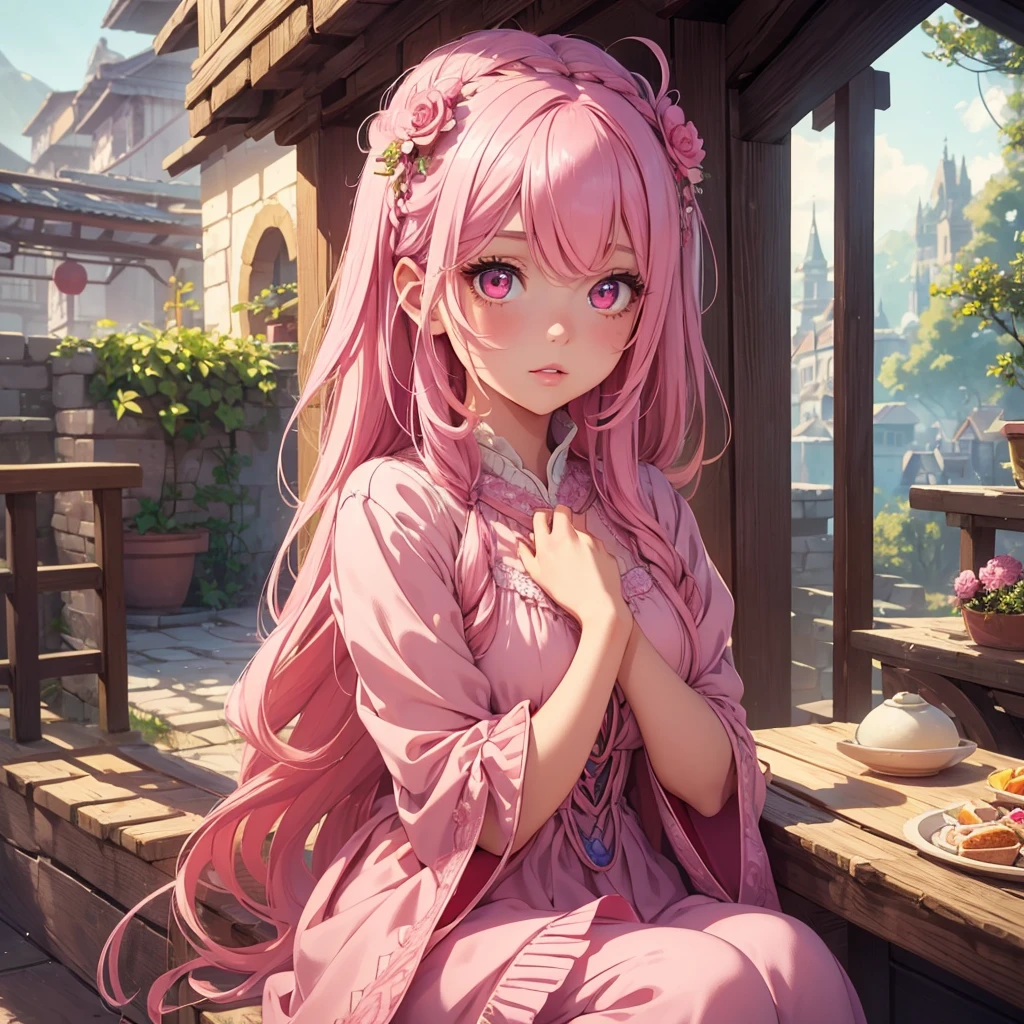 1girl, beautiful detailed eyes, beautiful detailed lips, extremely detailed eyes and face, long eyelashes, pink hair, red eyes, villager girl outfit, cute, adorable, kawaii, fantasy, magical, whimsical, soft colors, pastel colors, warm lighting, natural lighting, cinematic, high quality, 8k, detailed, photorealistic, masterpiece