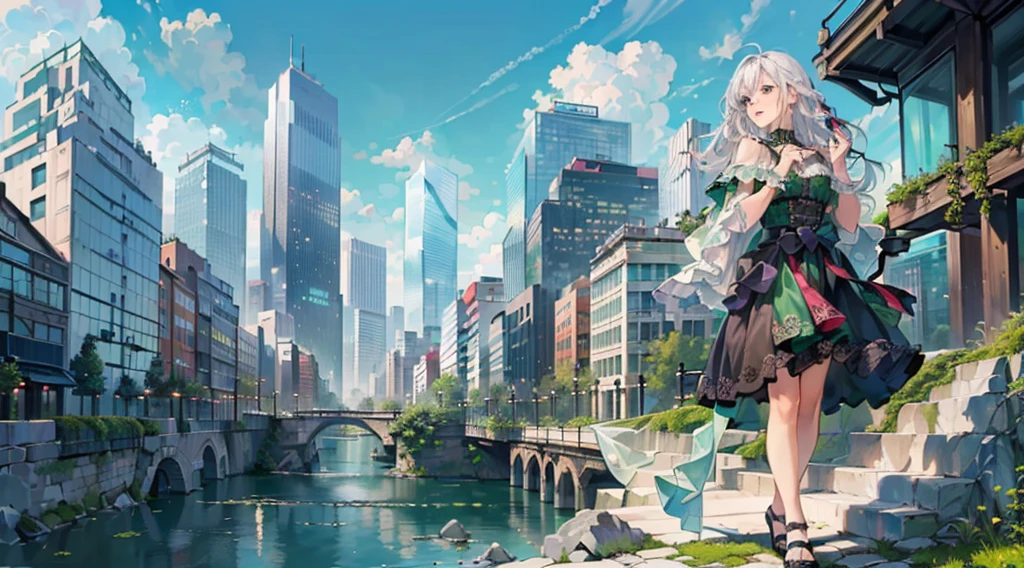 (((white hair gril waking in the city))), (((((Glass buildings, glass skyscrapers))))), (((black iron posts, black iron fences, marble bridges, rivers, vines, moss, flying islands in the sky, wall))), (((((city landscape, magic, skies islands))))), ((masterpiece), (best quality), (beautiful), (masterwork), (hyper-realistic), (wallpaper), (strong breeze)), (scene composition),