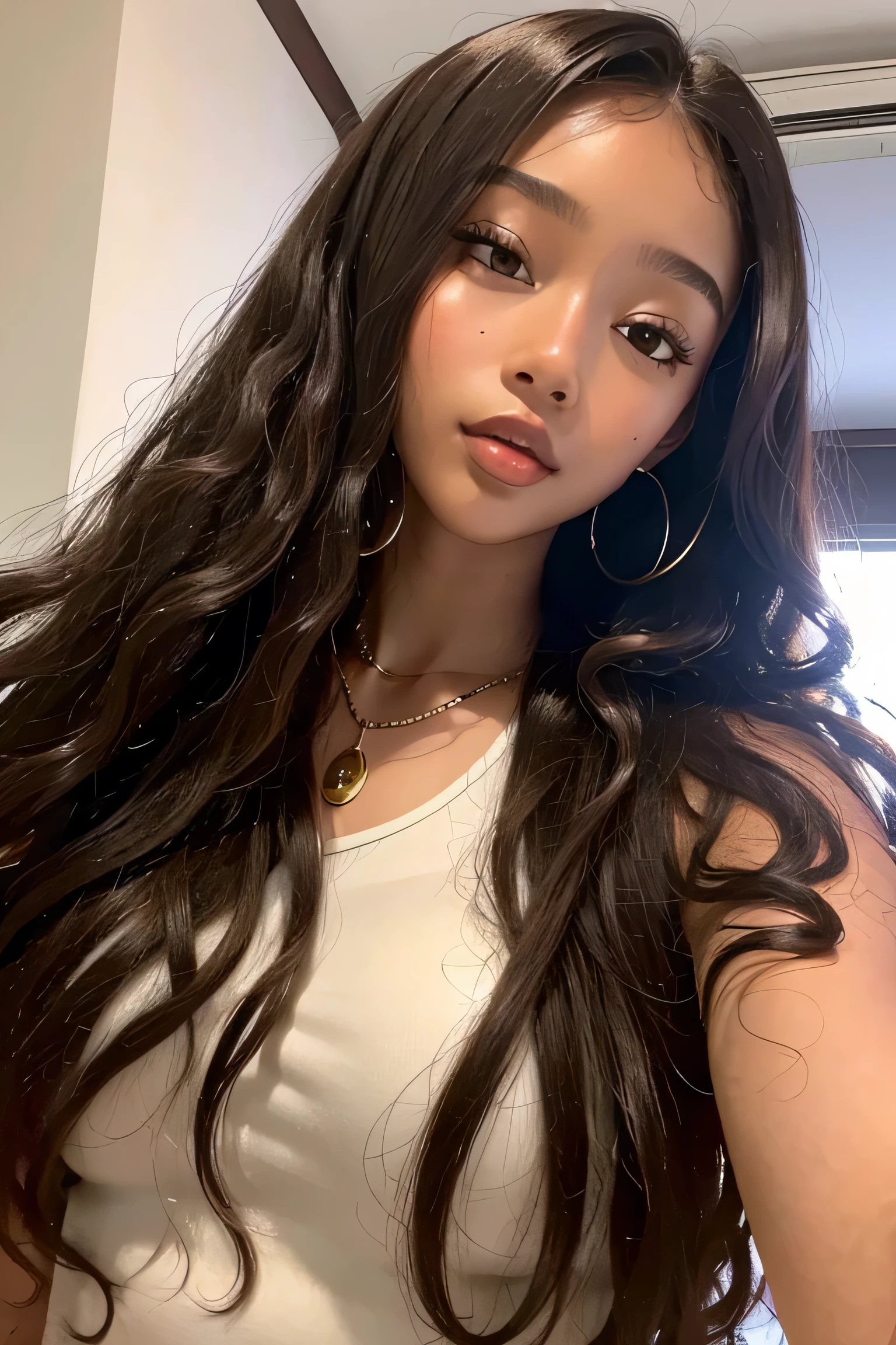 masterpiece, best quality, 1 girl, solo, beautiful African and Asian mixed 19 year old, brown skin female, long, frizzy, curly dark hair, perfect face, long hair