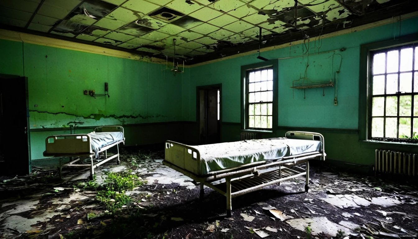 old hospital, abandoned, rotting, bush around, sinister, macabre environment