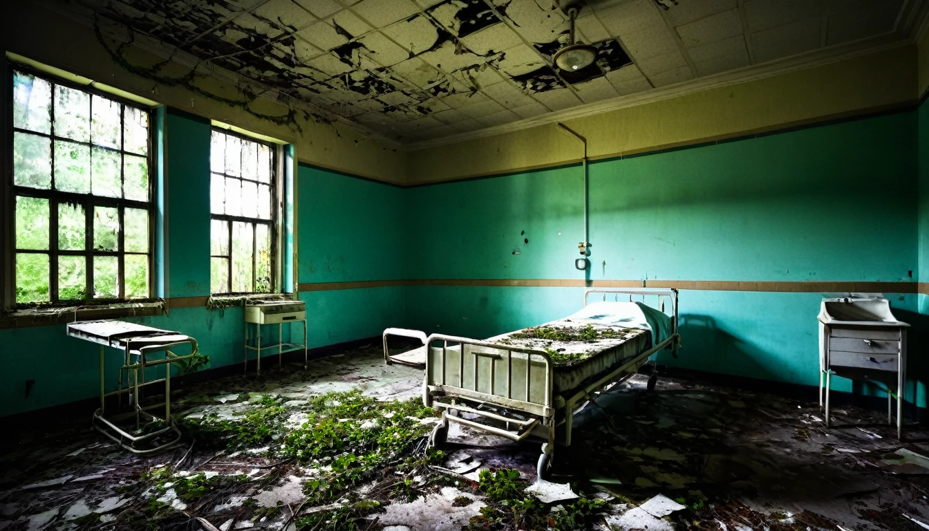 old hospital, abandoned, rotting, bush around, sinister, macabre environment