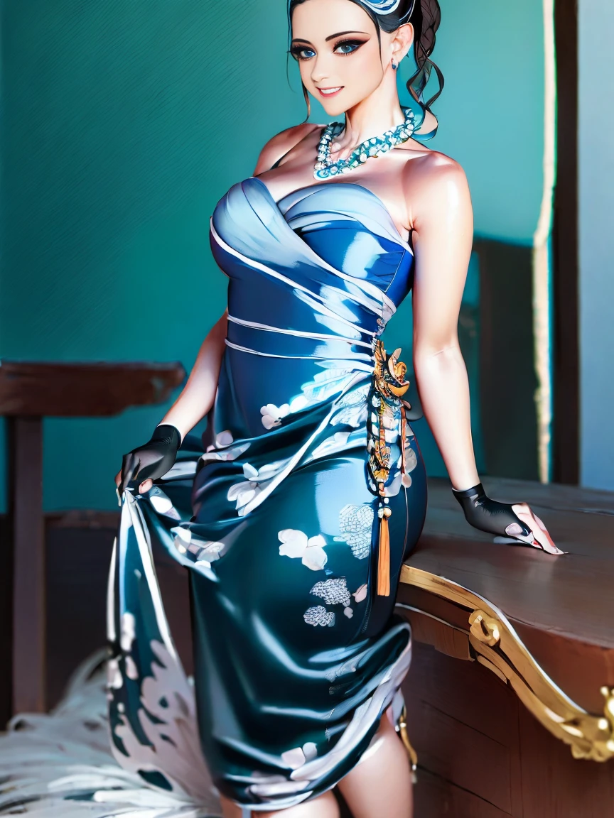 ((extremely realistic shading, masterpiece, extremely detailed, photorealistic)),Black hair,bright blue eyes,pearl necklace,necklaces,blue Chinese clothing,blue gloves,blue high heels,