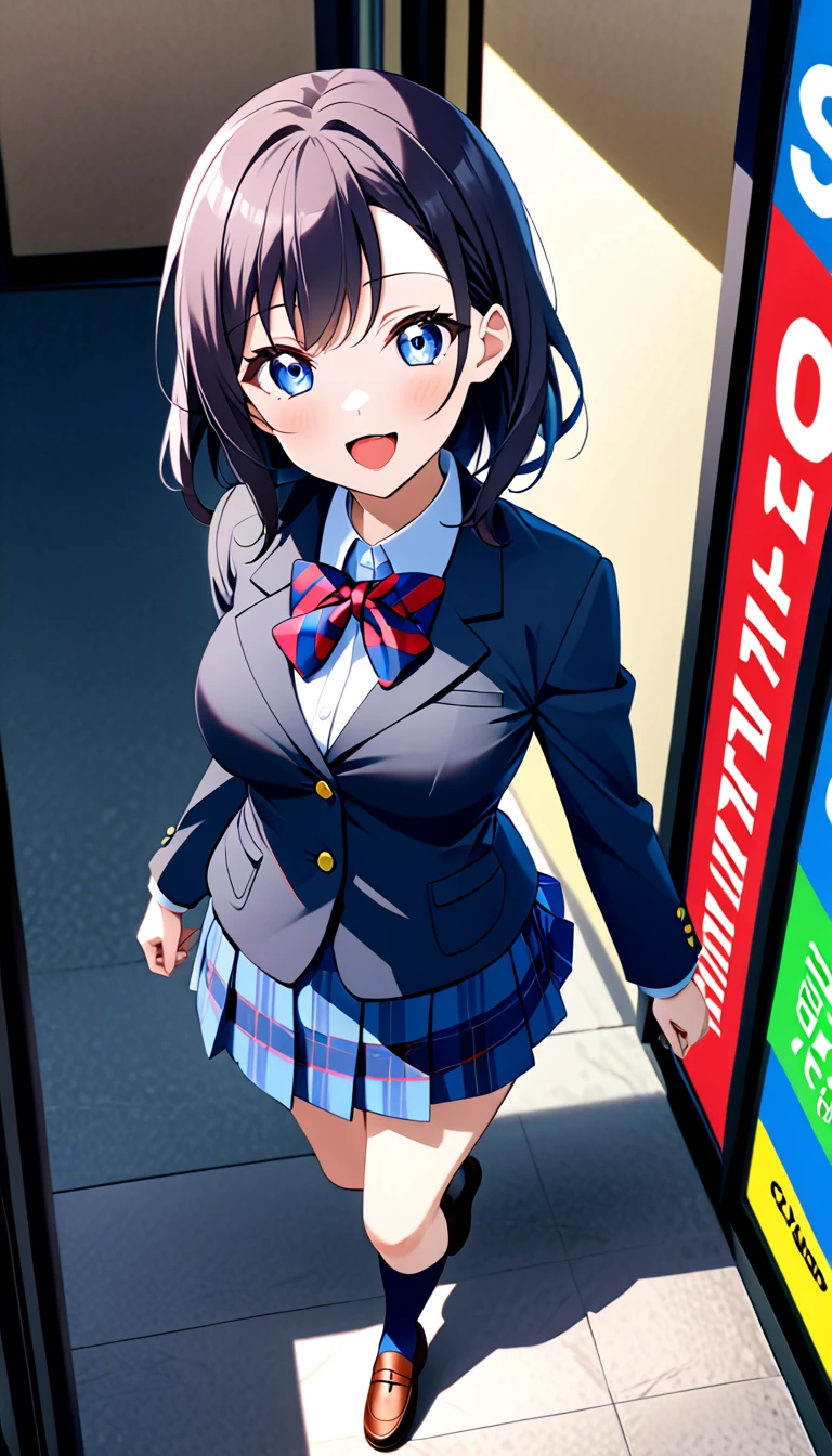 solo girl, AnjuYuuki,love live! medium breasts , otonokizaka winter uniform, red striped bow tie, navy blue blazer, blue striped skirt,socks,loafers,walking in akihabara,from above :d, (1girl), (solo),BREAK score_9, score_8_up, score_7_up, score_6_up, source_anime