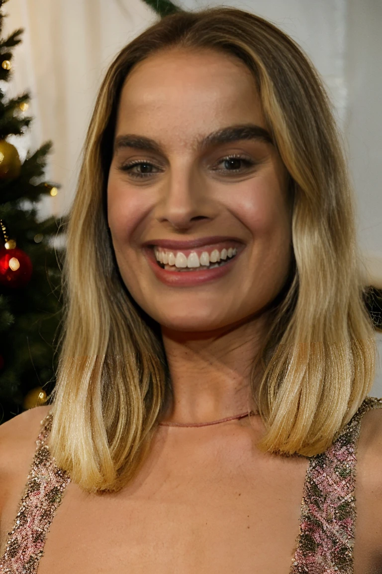 2 girls, diverse hair color: (((1 blonde is Margot Robbie))): diverse hair style, (((1 brunette is Natalie Portman))), one has light hair and other has dark hair, diverse ethnicities: 1 blonde is Scandinavian and brunette looks like Jenna Ortega, no bottoms, tan skin, babe with pink crop top snowflake Christmas sweater, both wearing transparent light brown pantyhose, pantyhose tights no bottoms, seductive, cameltoe, smiling, lifting their pleated skirts to show off their tights and bodies, Christmas tree and decorations in background