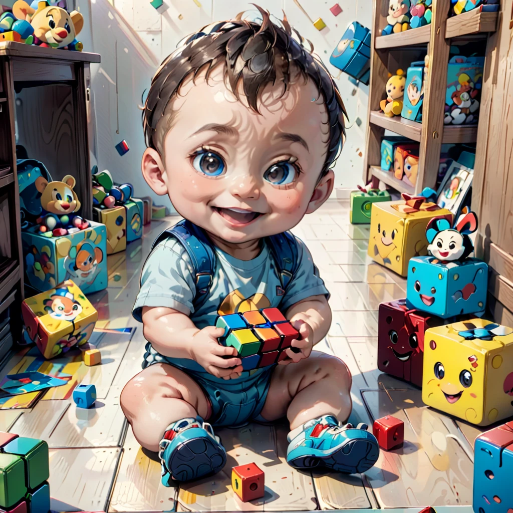 a cartoon baby sitting on a floor with happy face, and Rubik's Cube in hands and bunch of toys around him