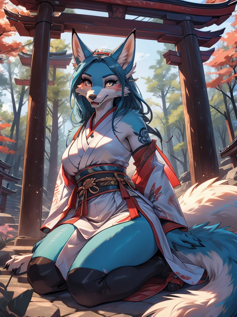 Kitsune white high definition good anatomy add_detail:1, blue fur,kitsune ears, tribal tattoo add_detail:1, cute girl add_detail:1, feudal priestess clothing add_detail:1, japanese shrine landscape add_detail:1, japanese shrine costume add_detail:1, add_detail:1, full body add_detail, highly detailed face, deep aqua iris add_detail:1, wolf claws, sharp fangs add_detail:1, wild slut add_detail:1