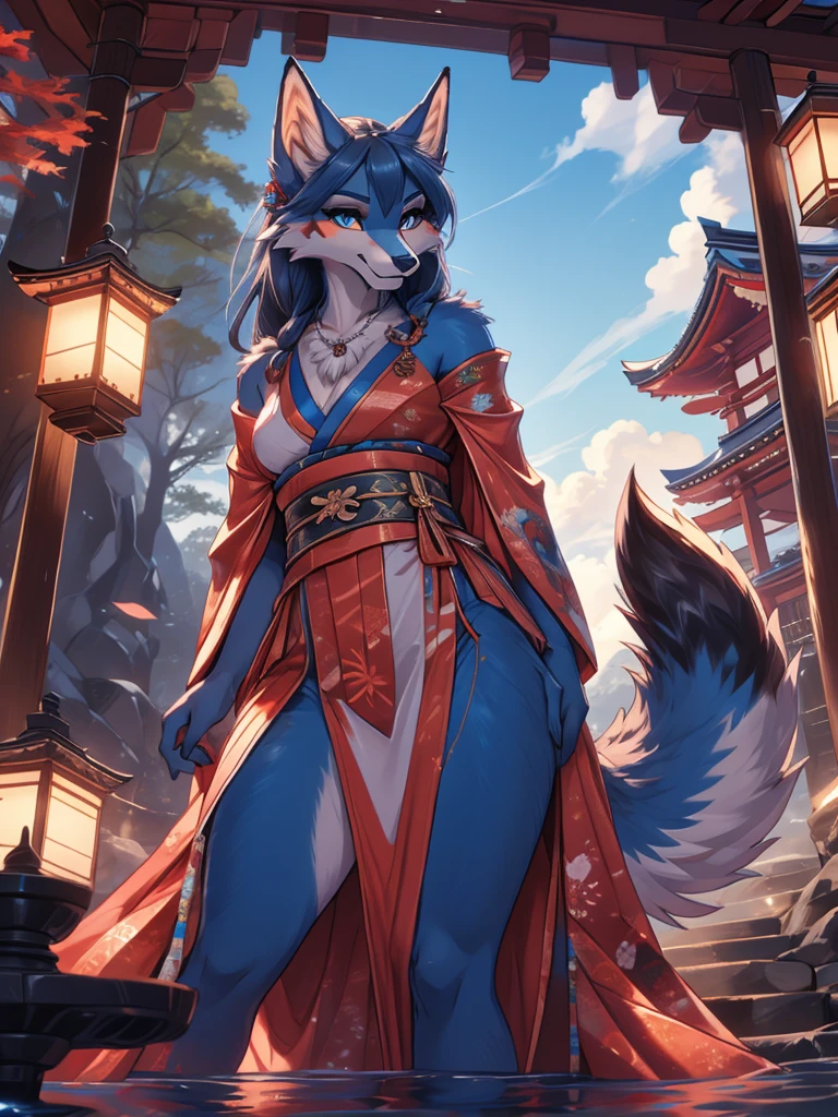 Kitsune white high definition good anatomy add_detail:1, blue fur,kitsune ears, tribal tattoo add_detail:1, cute girl add_detail:1, feudal priestess clothing add_detail:1, japanese shrine landscape add_detail:1, japanese shrine costume add_detail:1, add_detail:1, full body add_detail, highly detailed face, deep aqua iris add_detail:1, wolf claws, sharp fangs add_detail:1, wild slut add_detail:1