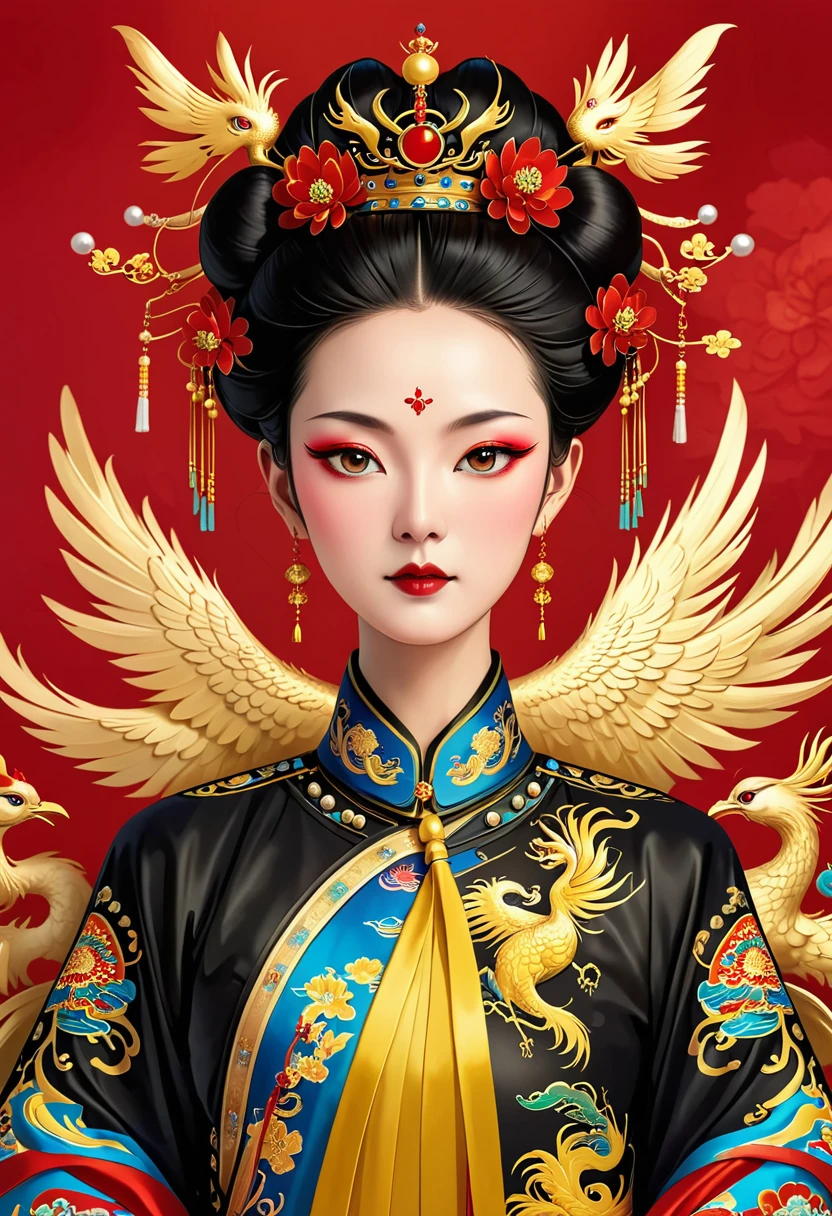 Solemn girl portrait,symmetry,Round Face,Bright Eyes,Smooth skin,Red peony headdress,Elegant and luxurious,Wealth,Gorgeous black and gold costumes,Chinese Qing Dynasty flag costumes,Selfish,Chinese Emperor,High bun,Gorgeous golden crown,tassel,palace,Clean background,(((Wu Zetian,Empress,Exaggerated high crown and phoenix crown,robe))),Pearl tassels,Pearl Makeup,Red background