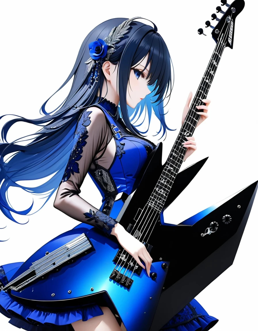(((White background:1.5)))、(very wide shot)、(masterpiece、Ultra HD、Highest quality、Masterpiece、4K:1.2)、Slender body、Playing a black electric bass,Scandinavian Metal Girl, Intricate details, Highly detailed eyes, Highly detailed fingers、Blue semi-long hair、Blue Gothic Dress, Intricate details、Are standing、Dynamic movement、profile
