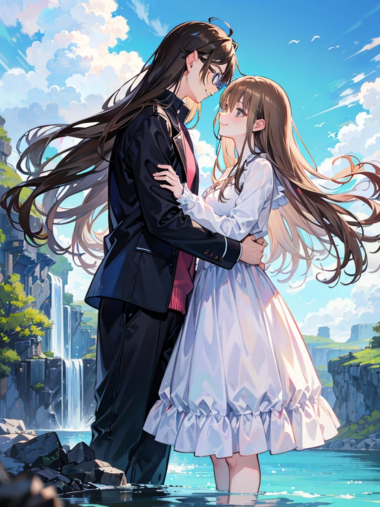 masterpiece, anime, cute, romantic, best quality, 2others, couple, mature, adult, height difference, different fashion, different color, casual clothes, long sleeves, smile, happy, love, swirling wind, blue sky, long haired man, light brown haired man, black haired woman, long haired woman, bespectacled woman, castle, waterfall  