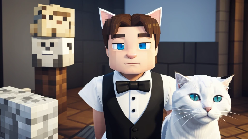 A man with cream hair, a white shirt and black vest, a red tie, on top of his head there is a gray and white cat sitting, a Minecraft character sigma face