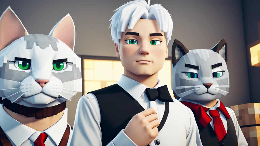 A man with cream hair, a white shirt and black vest, a red tie, on top of his head there is a gray and white cat sitting, a Minecraft character sigma face
