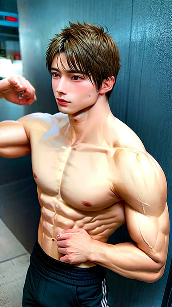 Hot young handsome boy tone muscular ripped physique small waist big arms and round chest posing both arms behind head flexing muscle ((high quality,3d)) Hot,sexy,seductive