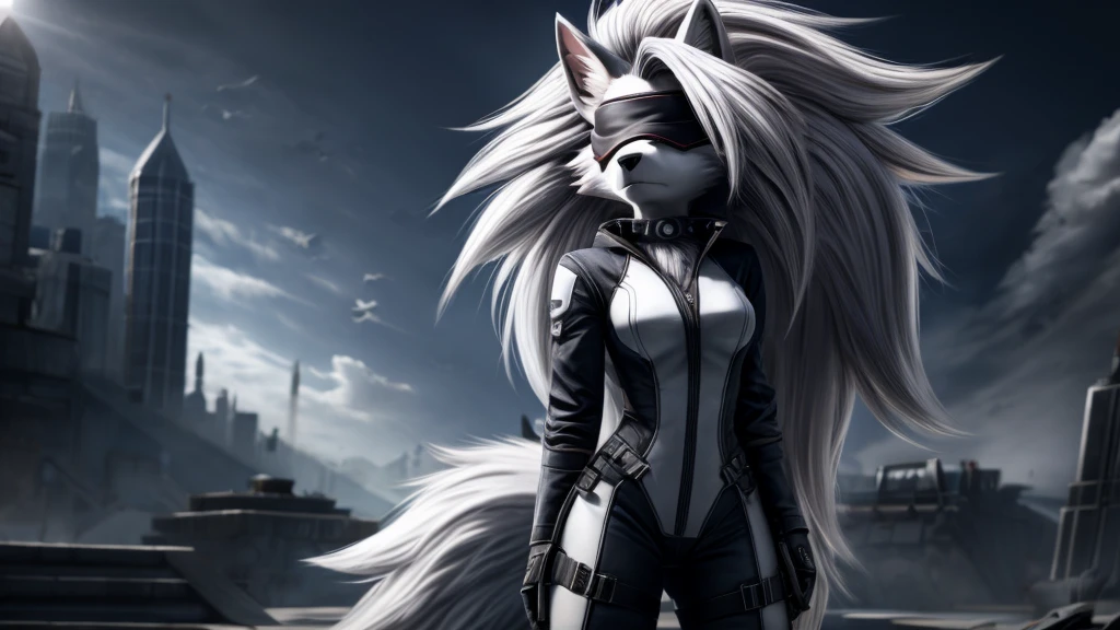 Loona from Helluva Boss, female white wolf, anthro, soft fluffy short white hair, blindfold, white combat suit, standing, serious, detailed, solo, beautiful, high quality, 4K