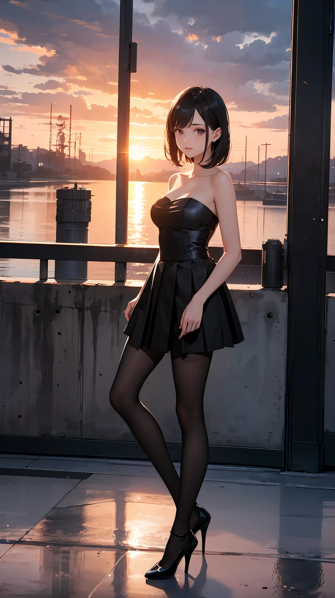 beautiful  girl, strapless blouse, tiny pleated skirt, pantyhose, high heels, ray tracing, 4K, best quality, near the lake, sunrise, cloudy sky, cyberpunk universe