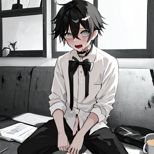 Anime boy, simple straight black hair, panic emotions, pale, black theme, dark, creepy, weird, white shirt, man, thin, dirty, looks scary, black, creepy smile, looks like an addict, blushing, handsome, grayscale, horny, saliva, drooling, nsfw, simple clothes, best hands drawing, best quality, best anatomy, best emotions drawing, one person.