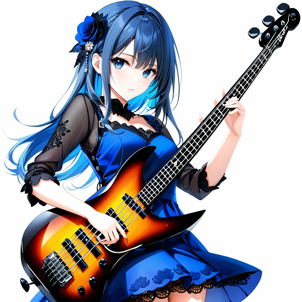 (((White background:1.5)))、(very wide shot)、(masterpiece、Ultra HD、Highest quality、Masterpiece、4K:1.2)、Slender body、(Playing a black electric bass),Scandinavian Metal Girl, Intense gaze into the camera, Intricate details, Highly detailed eyes, Highly detailed fingers、Blue semi-long hair、Blue Gothic Dress, Intricate details、Are standing、Dynamic movement