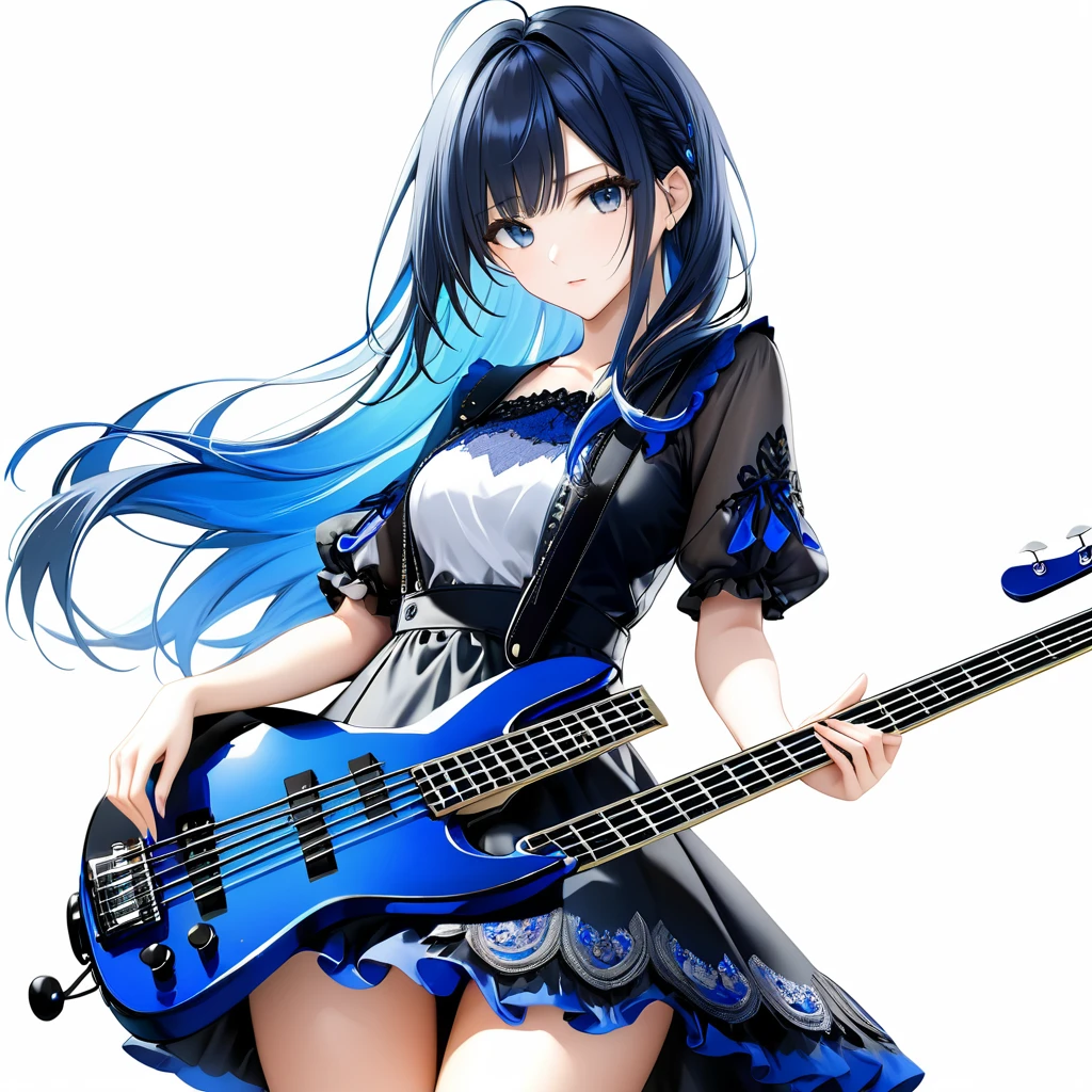 (((White background:1.5)))、(very wide shot)、(masterpiece、Ultra HD、Highest quality、Masterpiece、４K:1.2)、Slender body、(Playing a black electric bass),Scandinavian Metal Girl, Intense gaze into the camera, Intricate details, Highly detailed eyes, Highly detailed fingers、Blue semi-long hair、Blue Gothic Dress, Intricate details、Are standing、Dynamic movement
