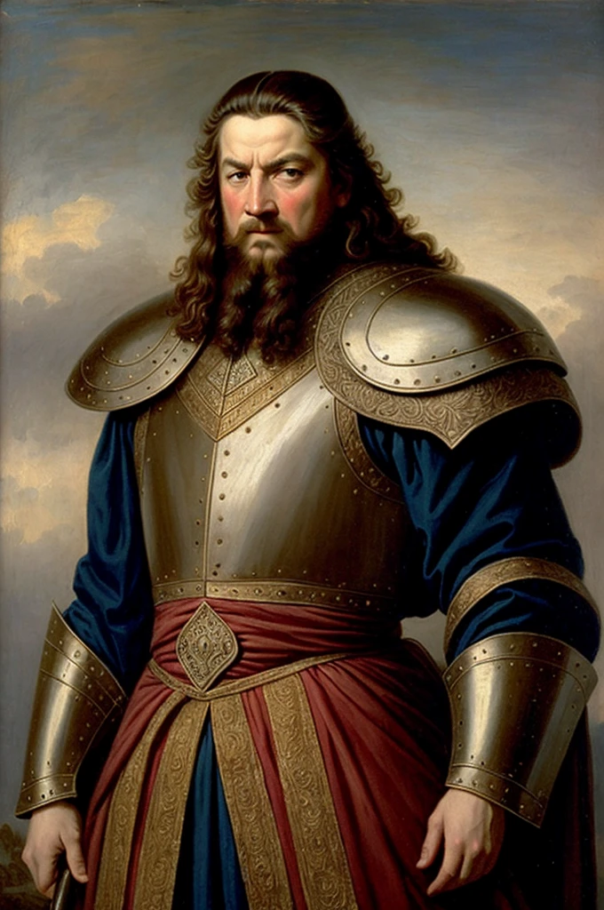 An 18th-century gentleman, an expensive court suit, an epic scene featuring a Viking-inspired man wearing highly detailed armor made of dragon bone, Zoom in on the fine details and capture the military stakes, armor, and general weather conditions, the imposing presence of the Vikings amidst the natural dominion, Imagine the Vikings In a strong stance, looking intently forward, with eyes focused on the camera, angry features with strong focus, An 18th-century oil painting style.