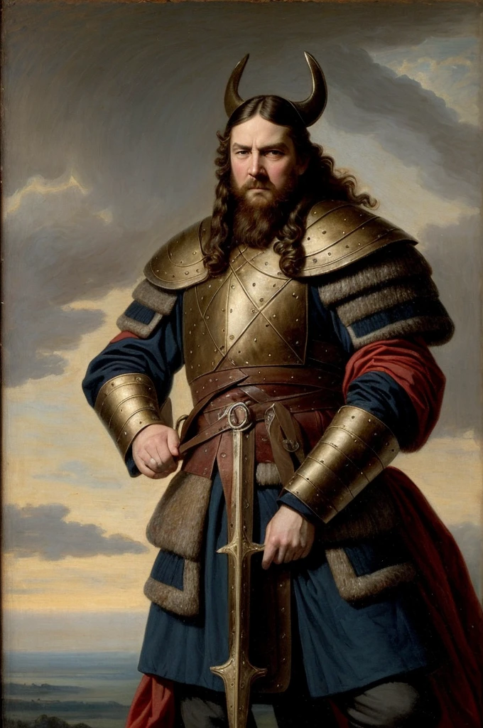 An 18th-century gentleman, an expensive court suit, an epic scene featuring a Viking-inspired man wearing highly detailed armor made of dragon bone, Zoom in on the fine details and capture the military stakes, armor, and general weather conditions, the imposing presence of the Vikings amidst the natural dominion, Imagine the Vikings In a strong stance, looking intently forward, with eyes focused on the camera, angry features with strong focus, An 18th-century oil painting style.