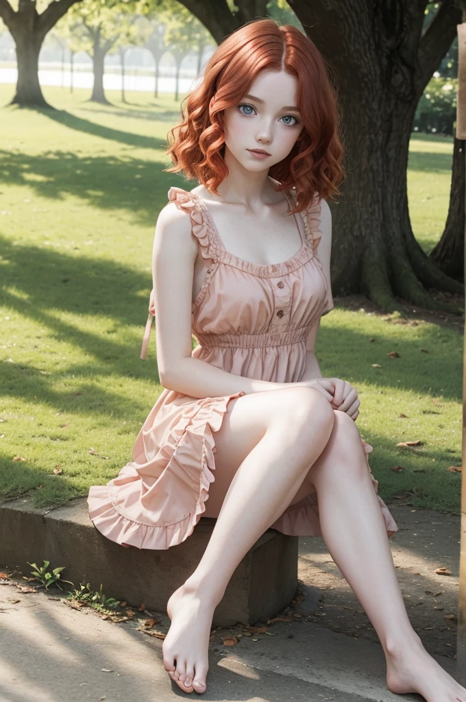 red wavy bob hair, one girl, pale skin, blue eyes, short frilled peach color dress, barefoot, in the park, sitting portrait