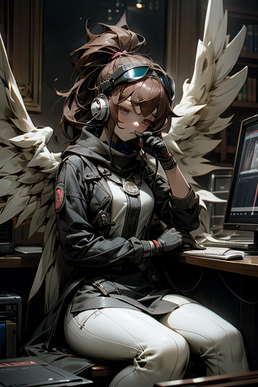 anime style, super fine illustration, highly detailed, dynamic angle, beautiful detailed, 8K, At night, in a dark room, Blake. A woman sits in front of her computer, unable to sleep. BREAK She is wearing a headset with a microphone and holding a video game controller, BREAK She is playing a game.God,Angel Wings,goggles
