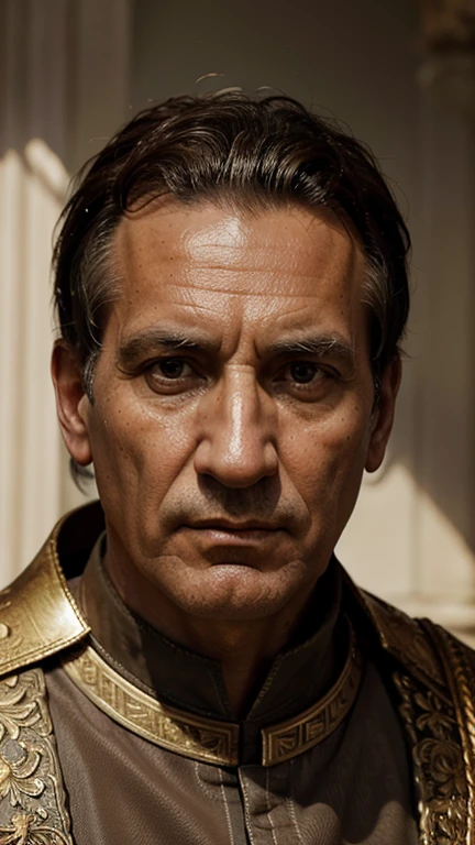 high quality digital painting portrait of emperor julius caesar, realistic face with detailed eyes, nose, and lips, roman emperor, realistic skin texture, middle aged man, serious expression, wearing laurel wreath crown, intricate armor and clothing, ornate details, chiaroscuro lighting, dramatic shadows, warm muted color palette, cinematic composition, photorealistic, 8k, best quality, ultra-detailed, masterpiece