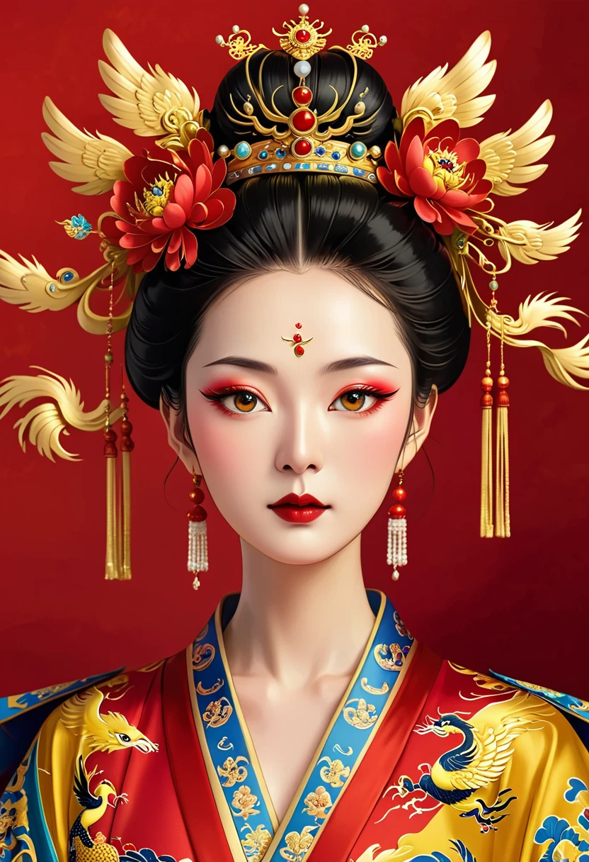 Solemn girl portrait，symmetry，Round Face，Bright Eyes，Smooth skin，Red peony headdress，Elegant and luxurious，Wealth，Gorgeous black and gold costumes，Chinese Qing Dynasty flag costumes,Selfish,Chinese Emperor，High bun，Gorgeous golden crown，tassel，palace，Clean background，(((Wu Zetian，Empress，Exaggerated high crown and phoenix crown，robe)))，Pearl tassels，Pearl Makeup，Red background
