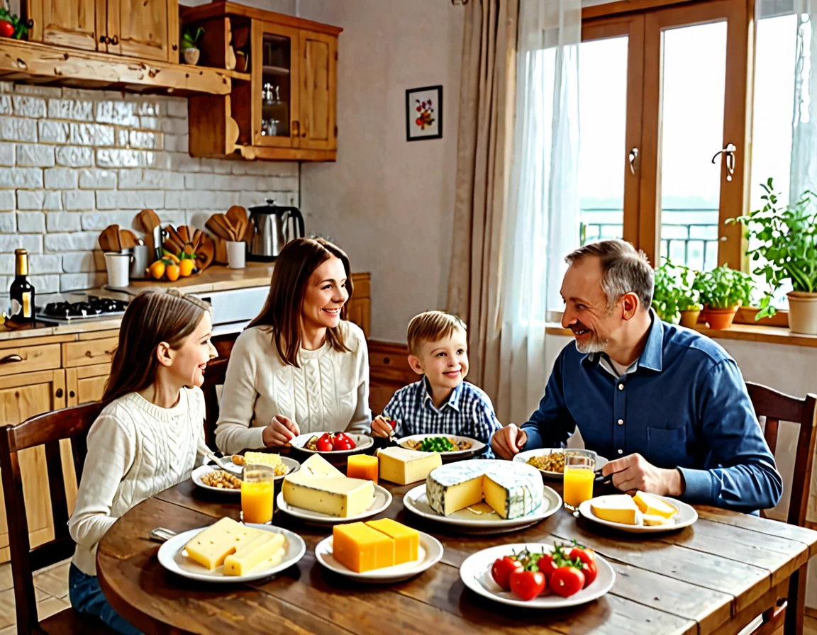 Family ((adult man and woman who are (over 45 years old)) and ((children boy and girl (12 years old each))) sitting at the table with food, Eating cheese, Warm and happy atmosphere, Good morning, Family dinner, delicious, cheese on the table, Noon, realistic