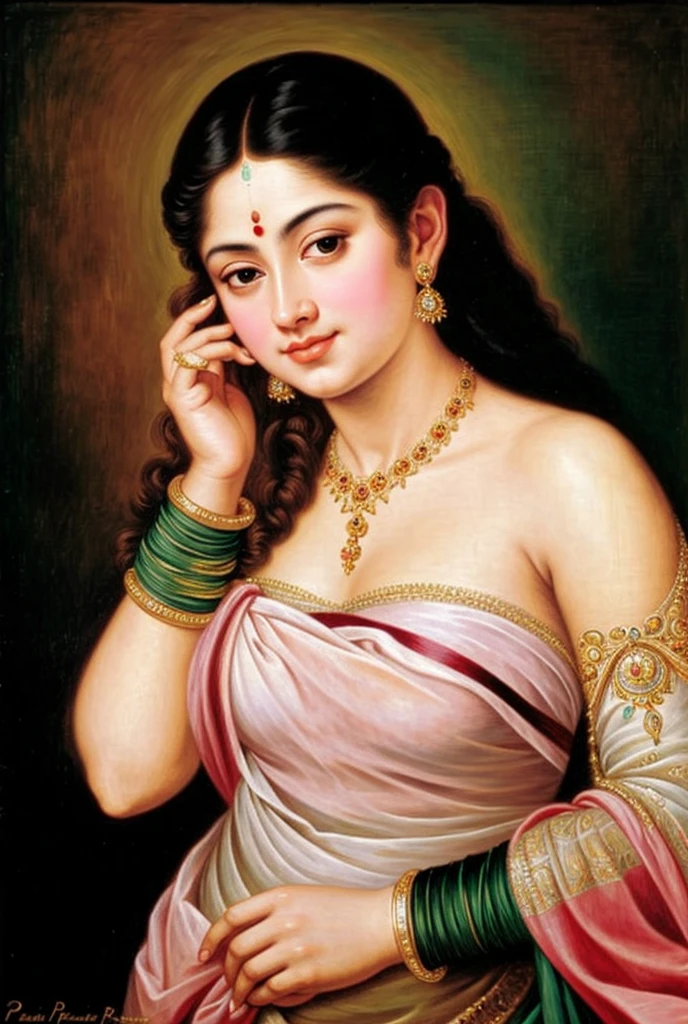 Beautiful Indian Woman, wearing saree, sari Beauty, gorgeous, Apsara, Maharani, royal queen woman, nymph from Hindu Mythology, Urvashi, matchless beauty, Highly detailed, Oil Painting by Peter Paul Rubens inspired by Raja Ravi Varma, Matchless beauty, captivating, gorgeous, heavenly beauty, celestial beauty, by Peter Paul Rubens, 13, realistic, hyper realistic, micro details, incredible artwork, insane details, ultra High resolution, 8k, 32k, acrylic on canvas, intricate, flawless, detailed, detailed face, detailed eyes, masterpiece, by Peter Paul Rubens, by Caravaggio, by William Adolphe bouguereau, perfect face, perfect body, beautiful art, realism, baroque, renaissance Art, highly textured, beautiful and detailed eyes, uhd, best quality, flawless art, detailed art, 
