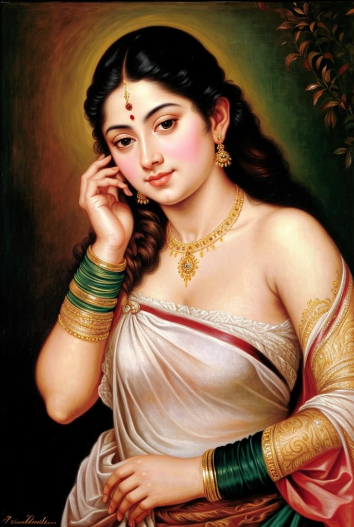 Beautiful Indian Woman, wearing saree, sari Beauty, gorgeous, Apsara, Maharani, royal queen woman, nymph from Hindu Mythology, Urvashi, matchless beauty, Highly detailed, Oil Painting by Peter Paul Rubens inspired by Raja Ravi Varma, Matchless beauty, captivating, gorgeous, heavenly beauty, celestial beauty, by Peter Paul Rubens, 13, realistic, hyper realistic, micro details, incredible artwork, insane details, ultra High resolution, 8k, 32k, acrylic on canvas, intricate, flawless, detailed, detailed face, detailed eyes, masterpiece, by Peter Paul Rubens, by Caravaggio, by William Adolphe bouguereau, perfect face, perfect body, beautiful art, realism, baroque, renaissance Art, highly textured, beautiful and detailed eyes, uhd, best quality, flawless art, detailed art,