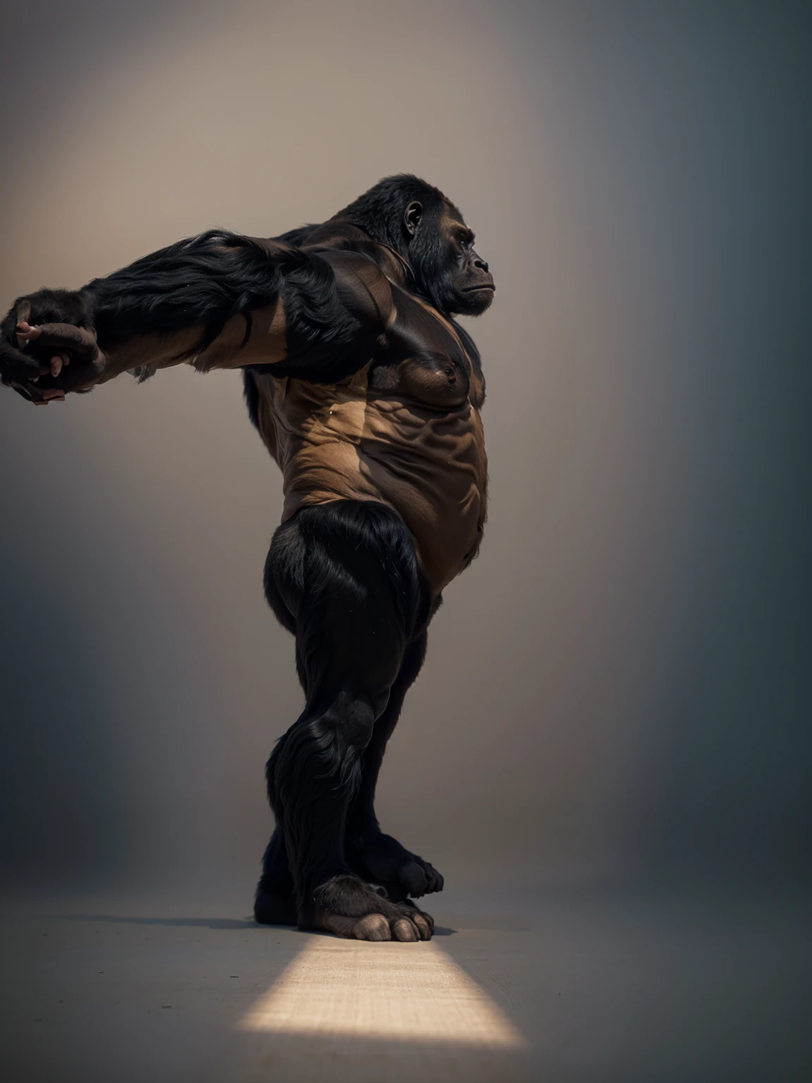 arafed gorilla standing on its hind legs with a white background, gorilla, distant full body view, bigfoot, big foot, full body wide shot, whole body highly detailed, like gorilla, sasquatch,muscular, strong body, full body profile, 1/2 view realistic, full body shot hyperdetailed, highly detailed full body, ( sasquatch, full body close-up shot