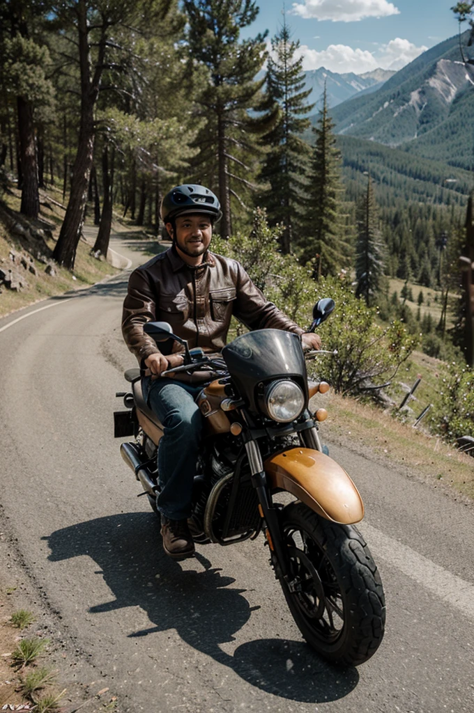 Photo of a caricature of a man wearing a hat in the mountains on a motorbike