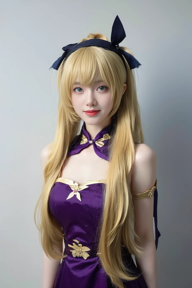 best quality, tmasterpiece,Ultra-high resolution,Clear face,(Reality:1.4),ferpect lighting,(upper body photo), (photorealistic:1.50), anime wallpaper, Guviz style artwork, cover-up fantasy up to magic , by Yang J, Guviz, beautiful artwork illustration, beautiful digital artwork, beautiful digital illustration, Li Song, beautiful anime portrait, art style in Beauvot, 1girl, 独奏, long hair, (blonde hair:1.5), (twintails:1.3), hair ribbon, bangs, blue eyes, Blush, smile, (purple dress:1.3), (Chinese dress:1.5), standing, (looking at viwer), Arm gloves, Bare shoulders, Arms behind back,