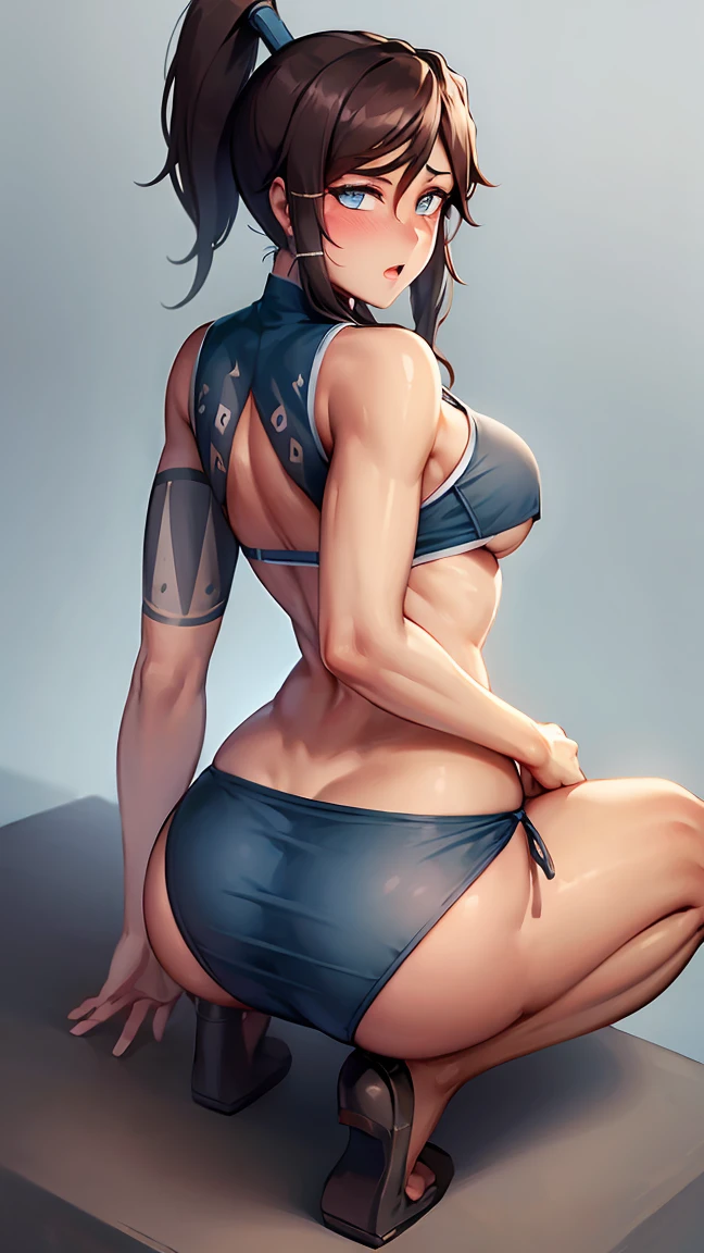 korra, dark skin, dark-skinned female, ponytail, muscular female, nsfw, high quality, detailed, high resolution, Natural Volumetric Lighting And Best Shadows, (Juicy Ass POV:1.1), Deep Depth Of Field, Sharp Focus, Portrait Of Korra, Korra, Soft Delicate Beautiful Attractive Face With Alluring blue Eyes, Lovely Medium Small Breasts, Thick Eyebrows, From Behind, Looking Back, Lustful Stare, Open Mouth, Windswept Disheveled dark brown Hair, Thick Layered Long ponytail Hairstyles, Blush Eyeshadow With Thick Eyelashes, Parted Lips, Heavy Breath, Bandage Underboob Breasts, G-String Bikini Panties, Skindentation, Body Blush, Tight Hips And Firm Buttocks, Backboob, (Bending Over Rear:1.2), On Bed Sheet, (Highest Quality, Amazing Details:1.4), Masterpiece, Bloom, Picturesque, Brilliant Colorful Paintings