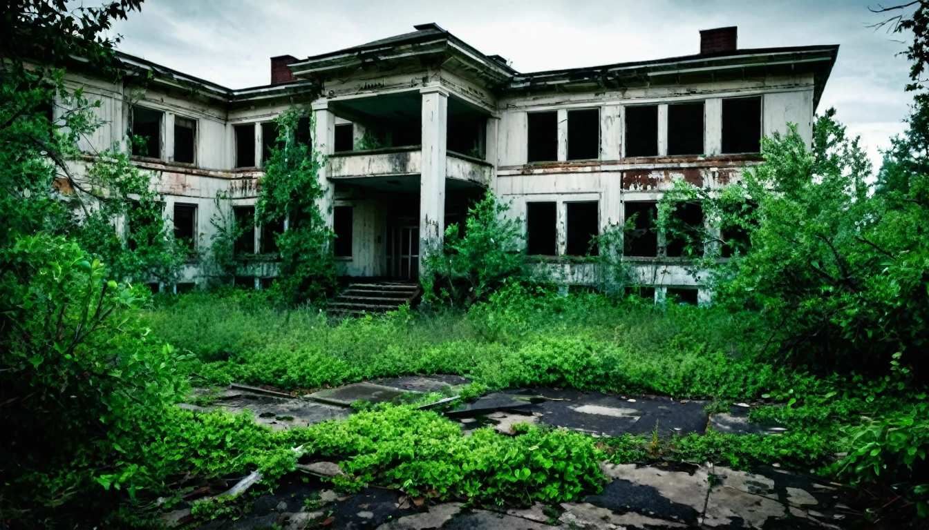 first person view, front of an old hospital, abandoned, rotting, bushes around, sinister, macabre environment
