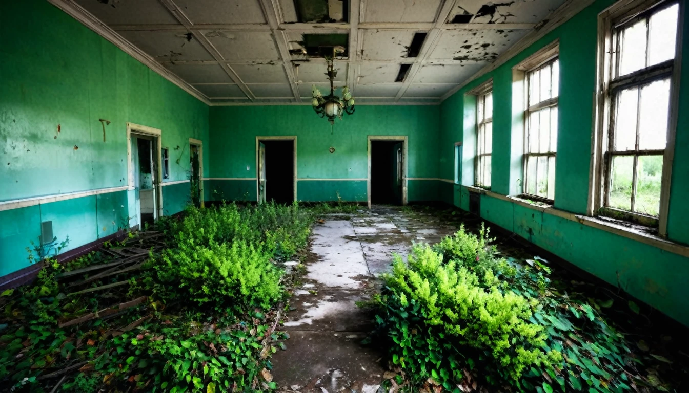 first person view, front of an old hospital, abandoned, rotting, bushes around, sinister, macabre environment