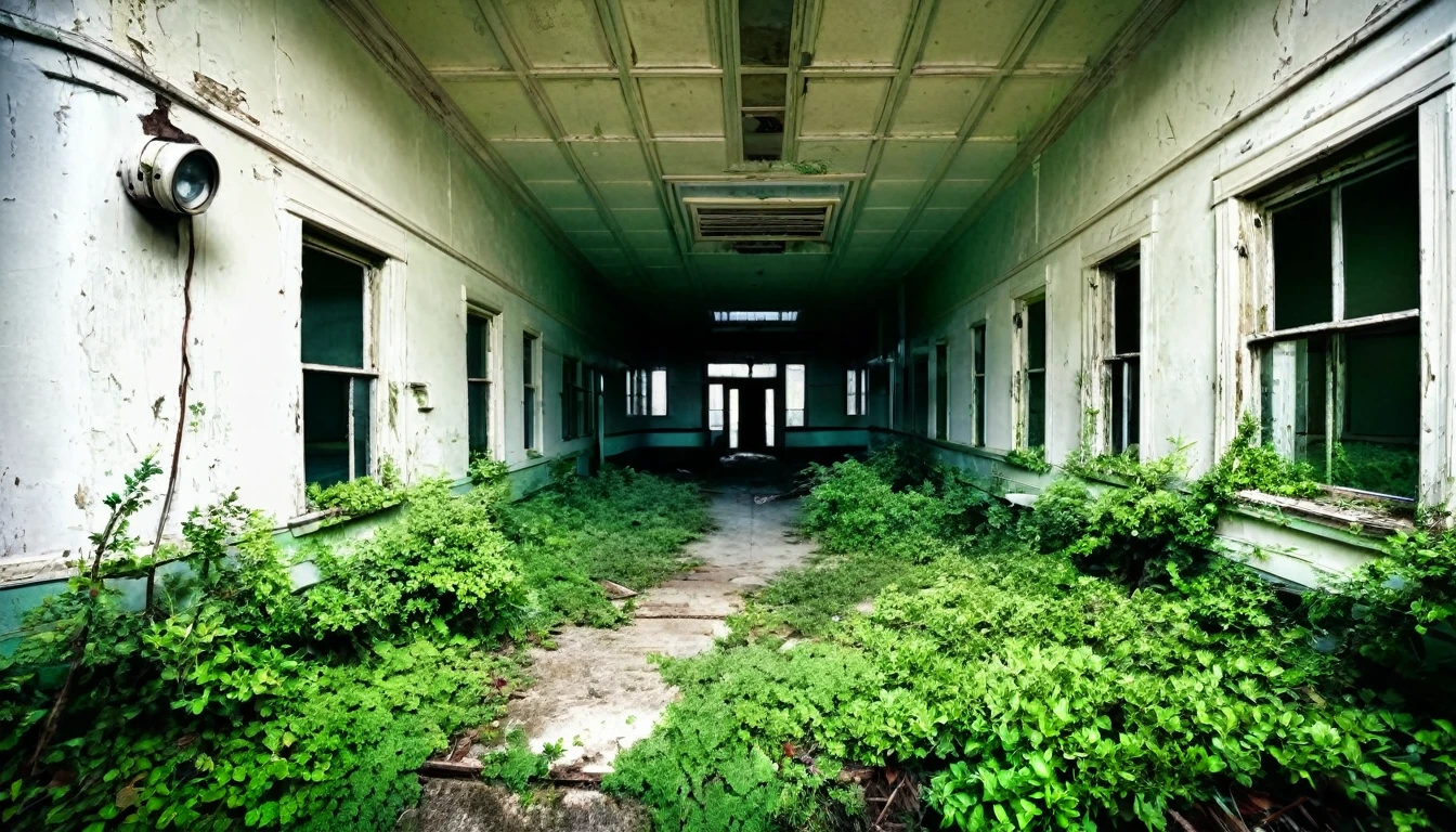 first person view, front of an old hospital, abandoned, rotting, bushes around, sinister, macabre environment