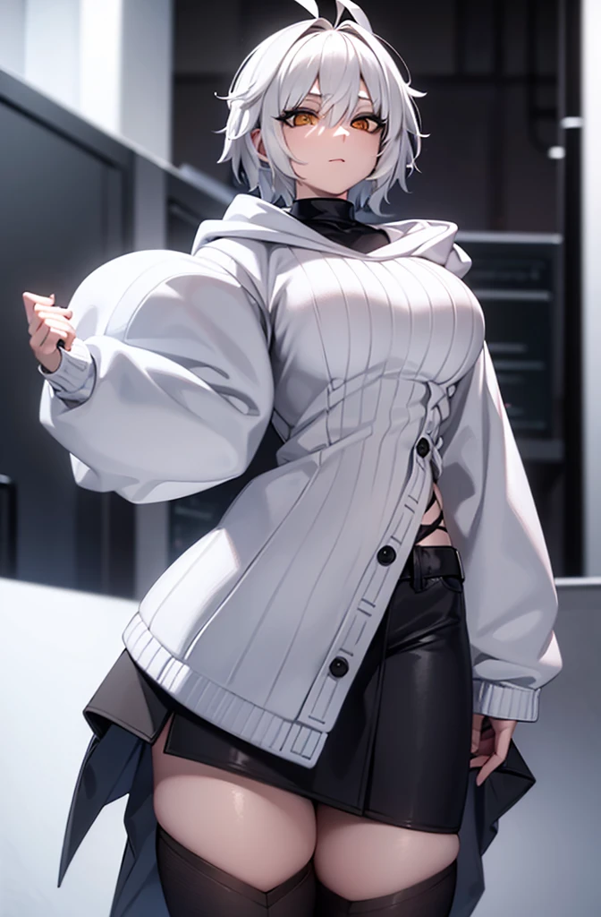 female, short, short white hair, white eyes. dynamic art, oversized sweater, furry bunny, 4k