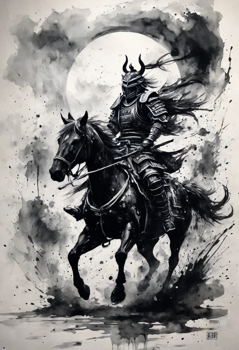 Black and white painting,Ink Painting,Draw a crescent moon with brush splashes,Warrior,(oni mask,japanese armor),Holding a gun,Armored horse,horse riding,torii,
