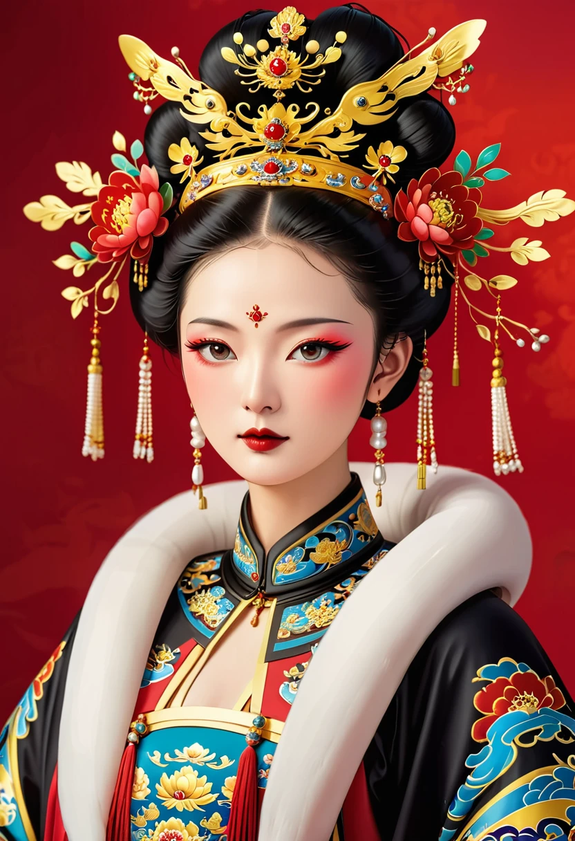 Phoenix Coronet:1.37.Solemn girl portrait,symmetry,Round Face,Bright Eyes,Smooth skin,Red peony headdress,Elegant and luxurious,Wealth,Gorgeous black and gold costumes,Chinese Qing Dynasty flag costumes,Selfish,Chinese Emperor,High bun,Gorgeous golden crown,tassel,palace,Clean background,(((Wu Zetian,Empress))),Fur collar cape,Pearl tassels,Pearl Makeup,Red background