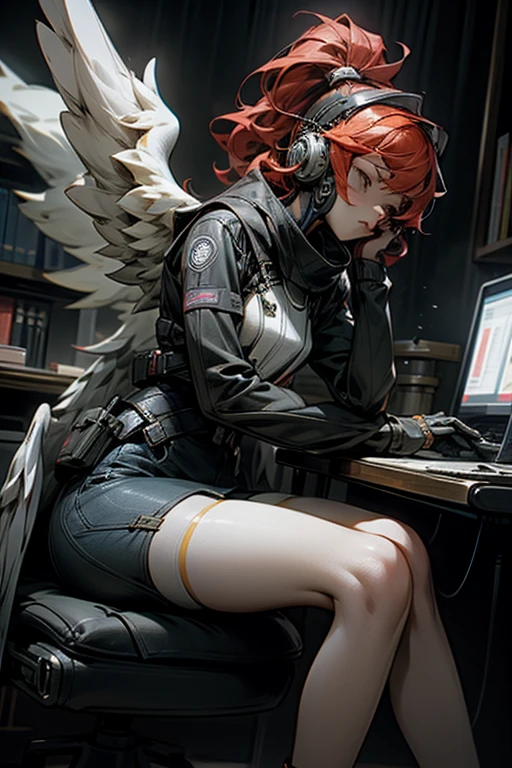 anime style, super fine illustration, highly detailed, dynamic angle, beautiful detailed, 8K, At night, in a dark room, Blake. A woman sits in front of her computer, unable to sleep. BREAK She is wearing a headset with a microphone and holding a video game controller, BREAK She is playing a game.God,Angel Wings,goggles,God game