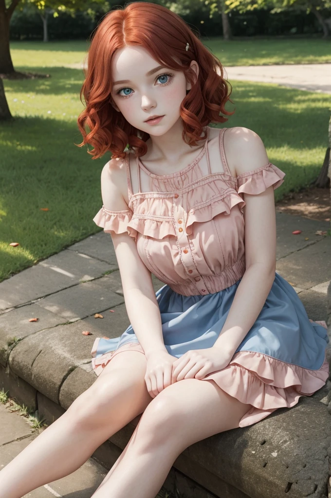 red wavy bob hair, one teen girl, pale skin, blue eyes, short frilled peach color dress, barefoot, in the park, sitting portrait