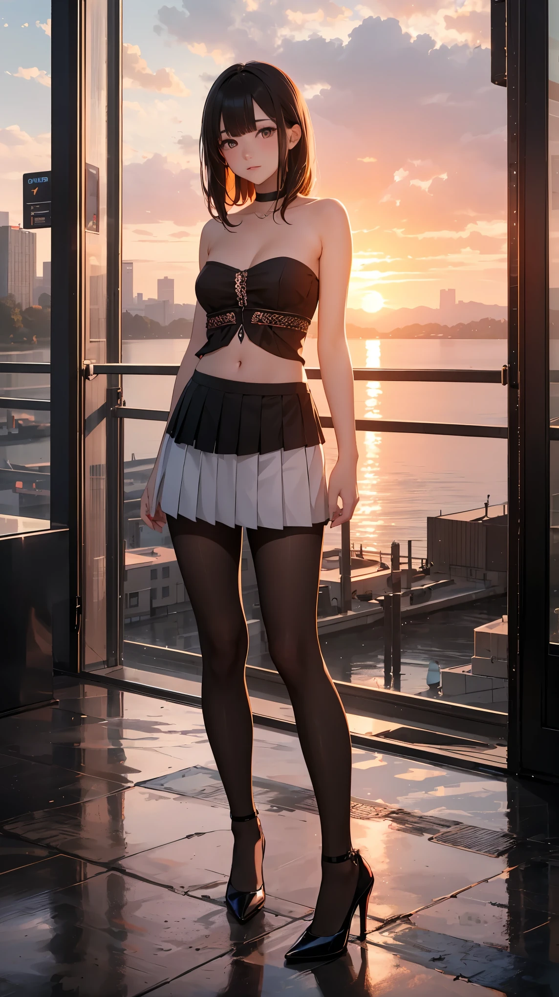 beautiful teenage girl, strapless blouse, tiny pleated skirt, pantyhose, high heels, ray tracing, 4K, best quality, near the lake, sunrise, cloudy sky, cyberpunk universe