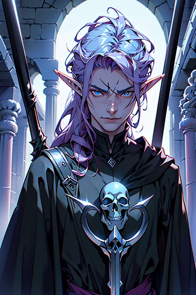masterpiece, noise suppression, void noise, one male elf, Best quality, permission 8k, male focus, sharp image, just concentrate, stunning composition, volumetric lighting, super quality, Very detailed, fantasy, adult male elf with long red curly hair, Blue eyes, freckles on the face, scar on forehead and lip, thin, pale skin, stern look, Sharp facial features, grins evilly, dark magician necromancer in a black robe in full height, surrounded by the dead in a dungeon, with a staff with a skull in his hands.
