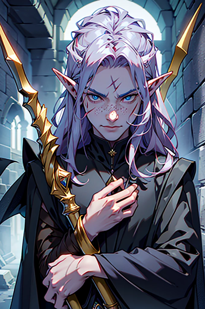 masterpiece, noise suppression, void noise, one male elf, Best quality, permission 8k, male focus, sharp image, just concentrate, stunning composition, volumetric lighting, super quality, Very detailed, fantasy, adult male elf with long red curly hair, Blue eyes, freckles on the face, scar on forehead and lip, thin, pale skin, stern look, Sharp facial features, grins evilly, dark magician necromancer in a black robe in full height, surrounded by the dead in a dungeon, with a staff with a skull in his hands.