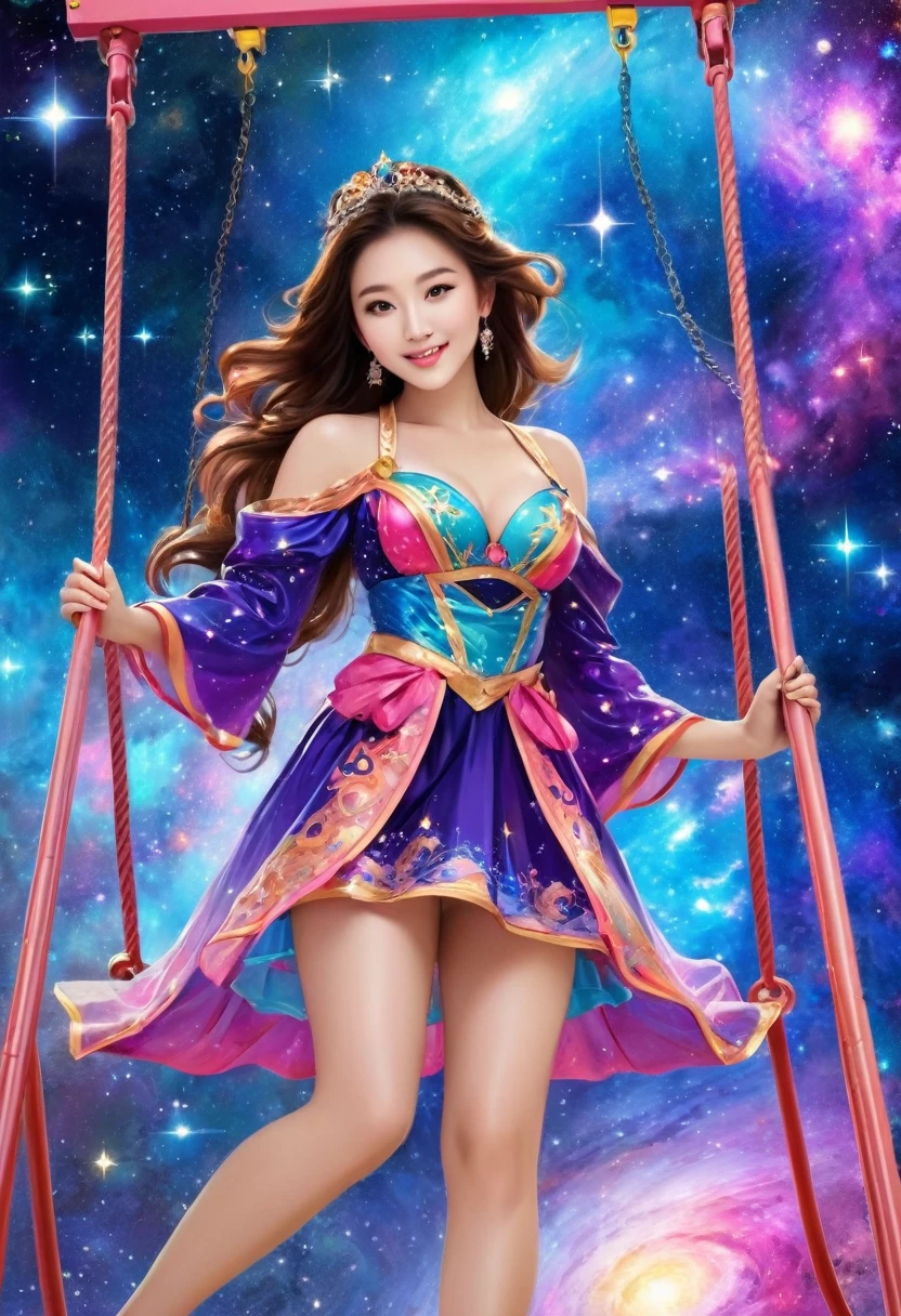 Beautiful asian woman, brunette, busty, colorfull outfit, on a swing set in outerspace, stars, bright galaxies, neon planet in the background, magic and bliss, anime style