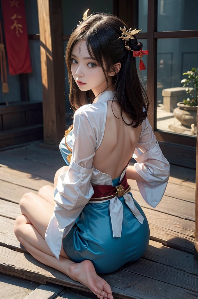 (Photoreal Stick:1.4, masutepiece:1..3, 8K), top-quality, ​masterpiece, 超A high resolution, Perfect dynamic composition, Professional camera work, Grow Light Effect, Mystical portrait, Cinematic Light, Highly detailed skin and facial texture:1.3, The ultra-detailliert, A detailed eye, (riding a dragon, holding an cane), (myterious:1.3, Fanciful:1.2, tradition:1.2, majestueux:1.2), 1girl in, 25-years old, cute and sexy slim goddess, Fair skin, (Enraptured look:0.9, Totally captivates you:1.0), (japanese miko costume:1.3), (voluptuous breasts:0.9), (Backshots, Calm pose), (Beautiful blue eyes, Eyes that feel beautiful eros:0.85), Sexy face:0.4, (A mouthfeel that feels beautiful eros:0.85), ((Too cute beauty:0.9)), Detailed limbs, Fantastic background