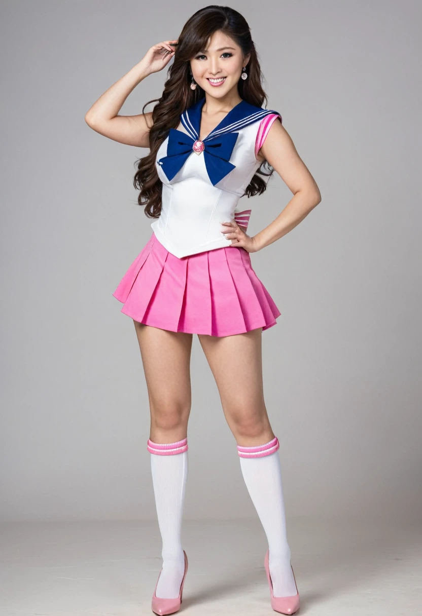 Beautiful asian woman, brunette, big ,ultra realistic, perfect face, long hair, full body photo, sexy smile, standing pose, elegant pose, sailor senshu outfit, pink white and blue, busty, social event,