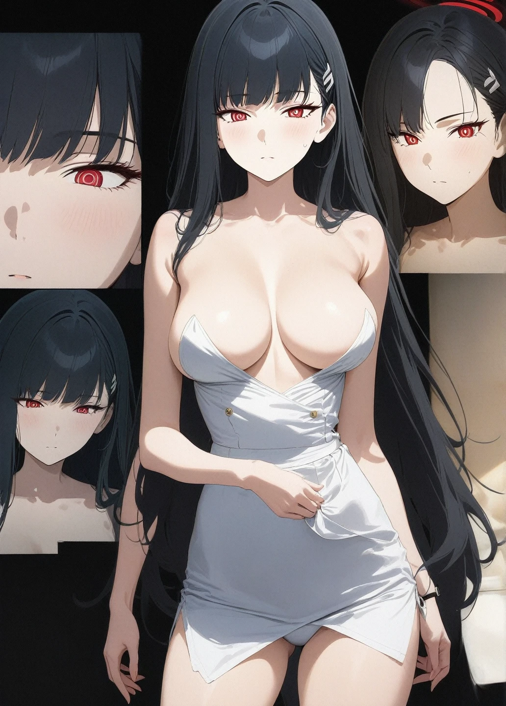 best quality, amazing quality, very aesthetic, absurdres, 1girl, rio (blue archive), blue archive, red eyes, black hair, strapless, (artist official art:1.5), (realistic face), (narrowed eyes), (cowboy shot:2), (concept art:1.5), panties, (thigh), expressive eyes, perfect face, 4k, extremely detailed anime illustration, extremely detailed eyes, enhanced details, perfect anatomy, light rays, photo background, extremely delicate body, smooth skin, feminine expression, (black background:1.5), cristal clear eyes, beautiful face, big breasts
